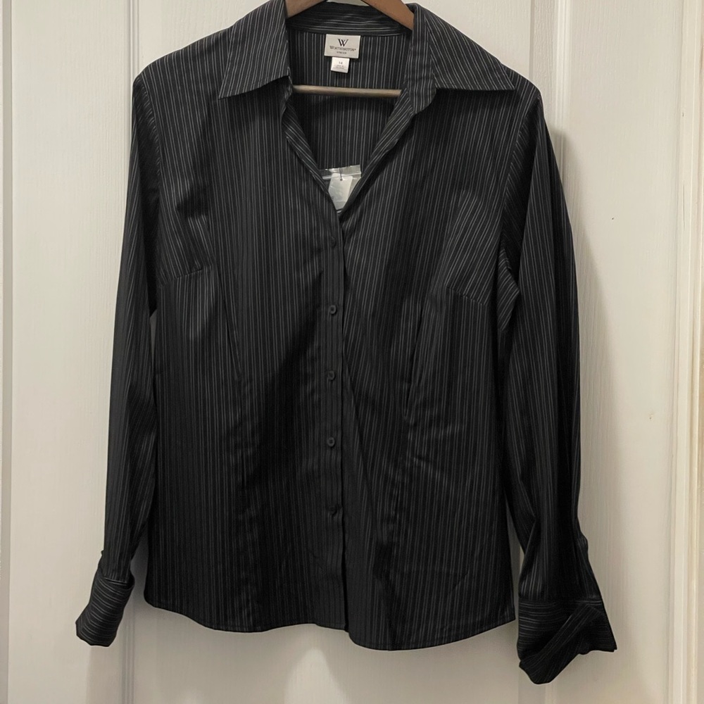 Black Pinstripe Button Down Shirt Size 14 NWT - Picture 2 of 7
